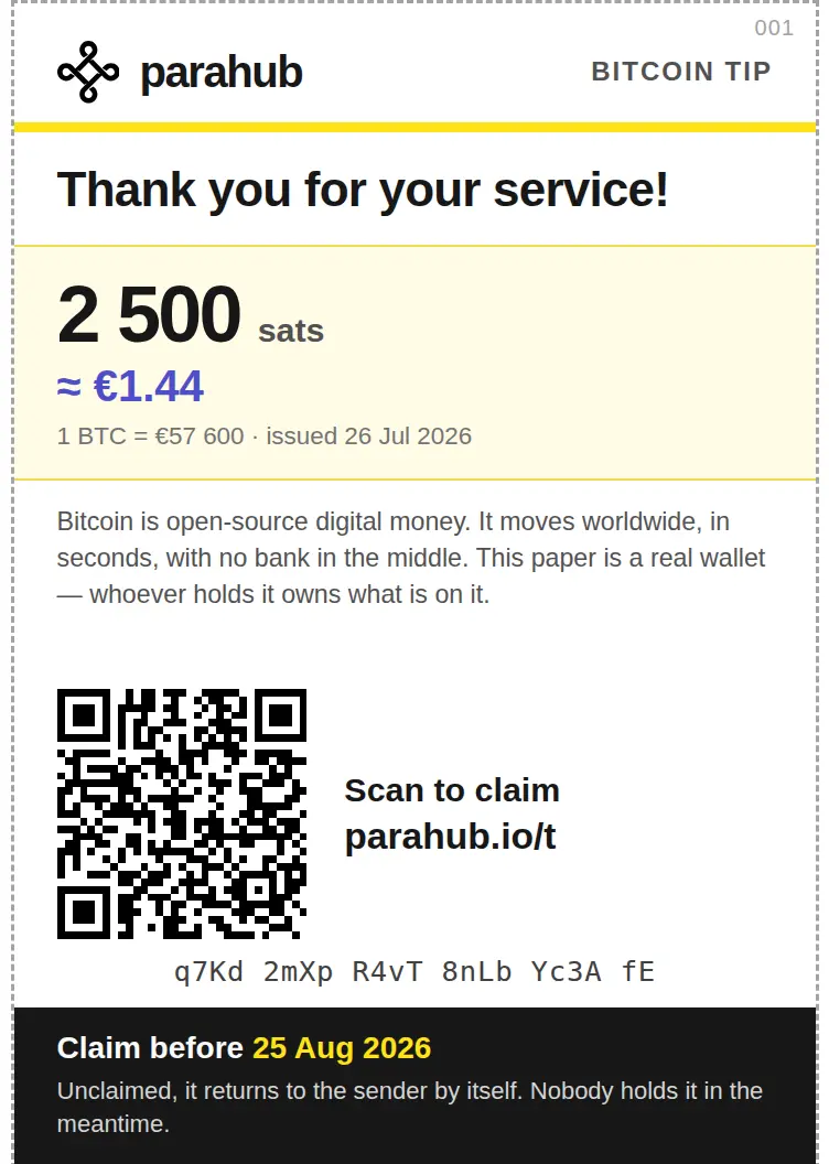 A Parahub bearer note as printed today: amount, QR code, typeable code and expiry date